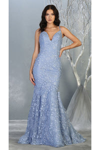 Floral Mermaid Evening Gown - LA7811 - DUSTY BLUE/NUDE / 4 -