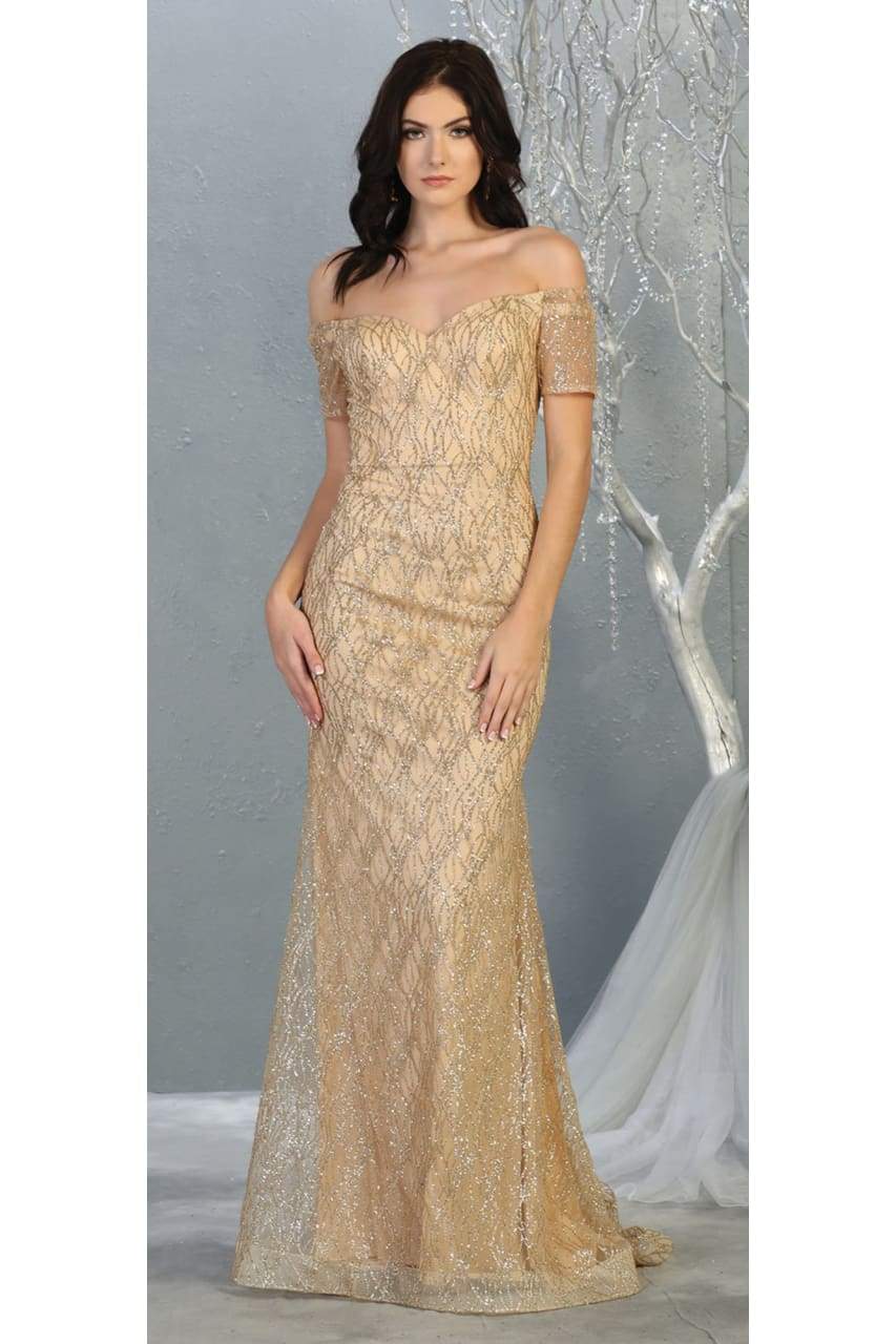 Prom off The Shoulder Dress -LA1824 - CHAMPAGNE/GOLD - Dress LA Merchandise