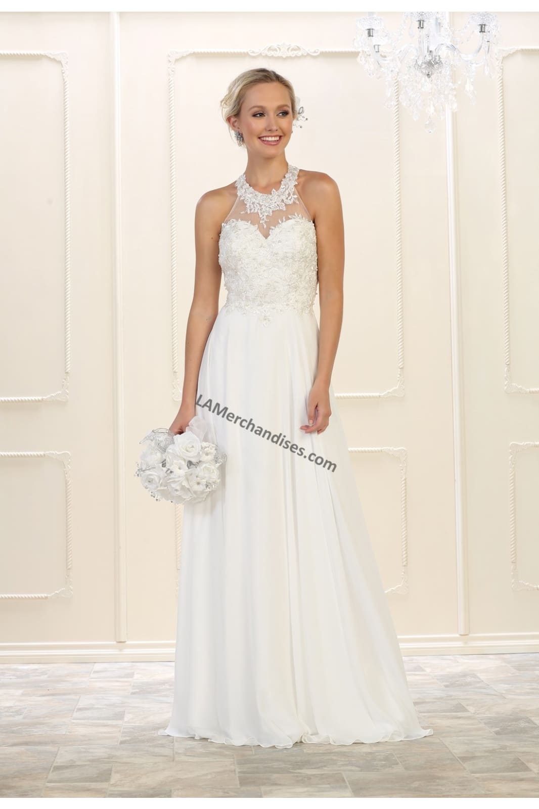 Halter Embroider Chiffon Bridal Dress- LA1557B - Ivory / 8 -