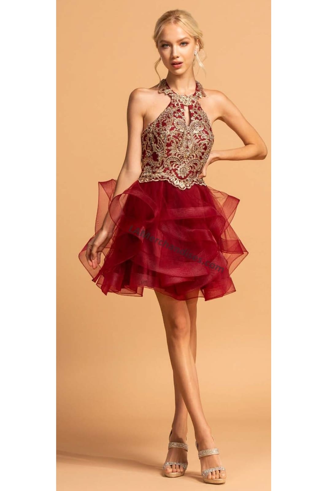 La Merchandise LAES2087 Halter Lace Applique Ruffled Short Party Dress - BURGUNDY - LA Merchandise