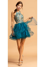 Load image into Gallery viewer, Halter lace applique &amp; rhinestone low back posh short dress-