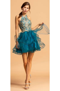 La Merchandise LAES2087 Halter Lace Applique Ruffled Short Party Dress - TEAL - LA Merchandise