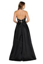 Load image into Gallery viewer, Halter lace applique &amp; rhinestone mikado dress with side 
