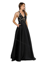 Load image into Gallery viewer, Halter lace applique &amp; rhinestone mikado dress with side 