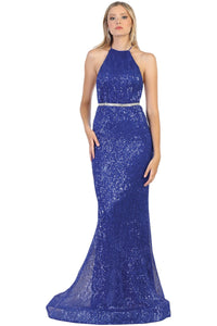 Halter Shimmer Long Dress - LA7800 - ROYAL BLUE / 2
