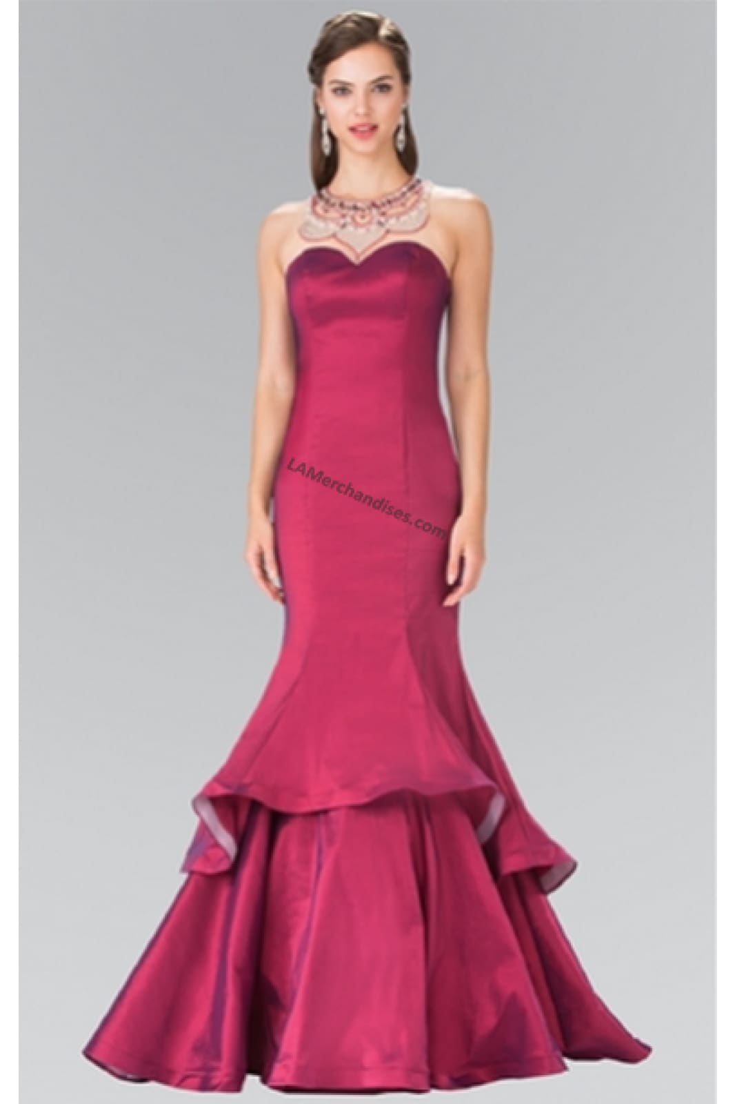 La Merchandise LAS2290 High neck Jeweled Long Mermaid Formal Dress - Burgundy - Dresses LA Merchandise