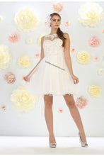 Load image into Gallery viewer, lace applique &amp; rhinestone short mesh bridal dress- MQ1429B