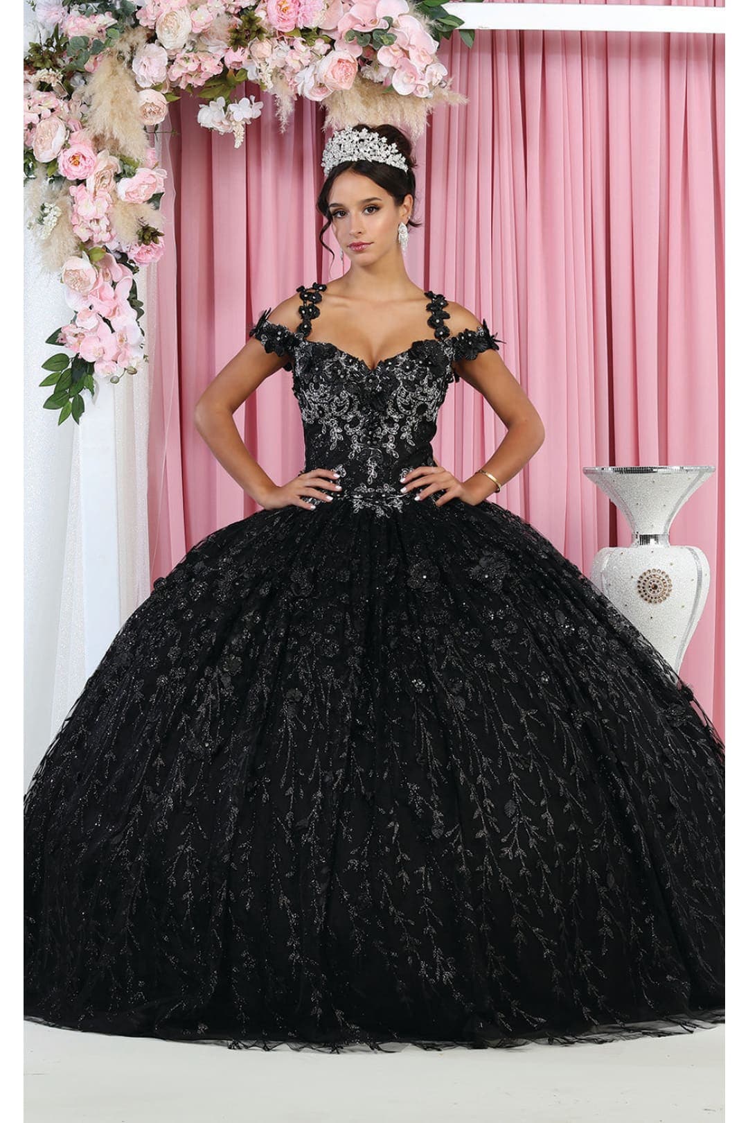 Layla K LK172 Cold Shoulder 3D Floral Ball Gown - BLACK / 4