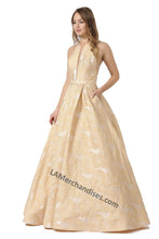 Load image into Gallery viewer, La Merchandise LAY8402 Long Halter Jacquard Ballgown with side pockets - CHAMPAGNE - LA Merchandise