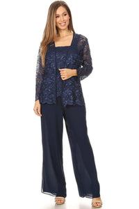 Long sleeve jacket lace & sequins top chiffon pants set- 