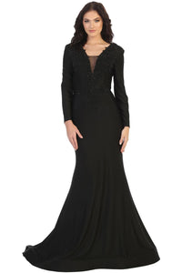 La Merchandise LA1772 Long Sleeve Stretchy Bodycon Evening Gown - BLACK - LA Merchandise