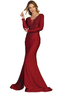 Long Sleeve Stretchy Evening Gown - LA1772 - BURGUNDY / 6
