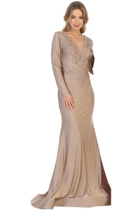 La Merchandise LA1772 Long Sleeve Stretchy Bodycon Evening Gown - CAPPUCCINO - LA Merchandise