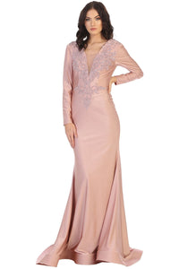 La Merchandise LA1772 Long Sleeve Stretchy Bodycon Evening Gown - DUSTY ROSE - LA Merchandise