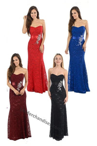 Long strapless rhinestone lace dress- LA5113
