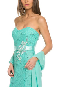 Long strapless rhinestone lace dress- LA5113