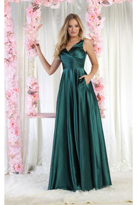 May Queen MQ1994 Side Pockets Satin Bridesmaids Dress - HUNTER GREEN / 4 - Dress