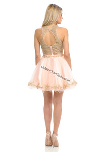 metallic lace applique & rhinestones short mesh dress- 