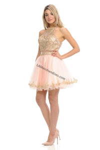 Metallic lace applique & rhinestones short mesh dress- LN8015 - - LA Merchandise