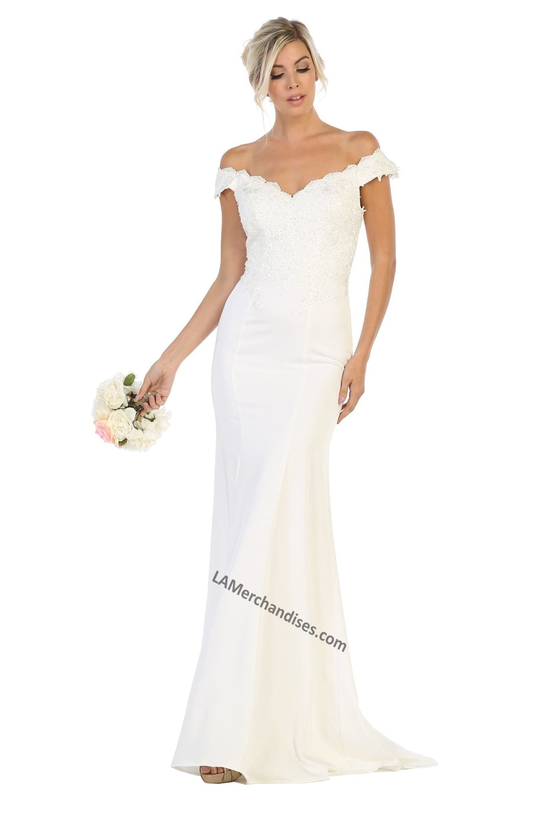Off shoulder embroidery & rhinestone long Ity bridal dress- LA1675B - Ivory - LA Merchandise