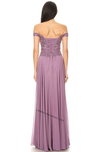 Off Shoulder Lace Applique Long Pleated Chiffon Dress- SF3073 - - LA Merchandise