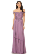 Load image into Gallery viewer, Off Shoulder Lace Applique Long Pleated Chiffon Dress- 