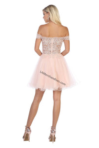 Off shoulder lace applique & rhinestone sassy short mesh dress - LA1649 - - LA Merchandise