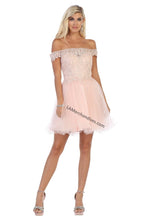 Load image into Gallery viewer, Off shoulder lace applique &amp; rhinestone sassy short mesh dress - LA1649 - Dusty Rose - LA Merchandise