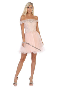 Off shoulder lace applique & rhinestone sassy short mesh dress - LA1649 - Dusty Rose - LA Merchandise