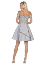 Load image into Gallery viewer, Off shoulder lace applique &amp; rhinestone short satin dress- 