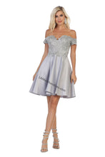 Load image into Gallery viewer, Off shoulder lace applique &amp; rhinestone short satin dress - LA1634 - Silver - LA Merchandise