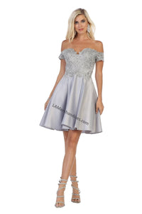 Off shoulder lace applique & rhinestone short satin dress - LA1634 - Silver - LA Merchandise