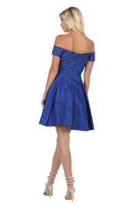 Off shoulder lace applique & rhinestone short satin dress - LA1634 - - LA Merchandise