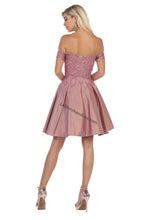 Load image into Gallery viewer, Off shoulder lace applique &amp; rhinestone short satin dress - LA1634 - - LA Merchandise