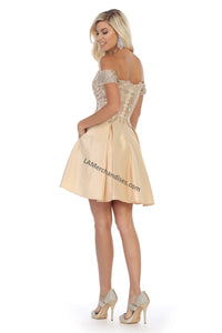 Off shoulder lace applique & rhinestone short satin dress- 