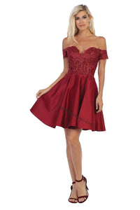 Off shoulder lace applique & rhinestone short satin dress - LA1634 - Burgundy - LA Merchandise