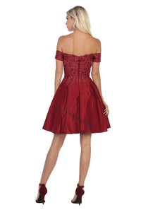 Off shoulder lace applique & rhinestone short satin dress- 