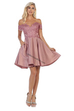 Load image into Gallery viewer, Off shoulder lace applique &amp; rhinestone short satin dress - LA1634 - Mauve - LA Merchandise