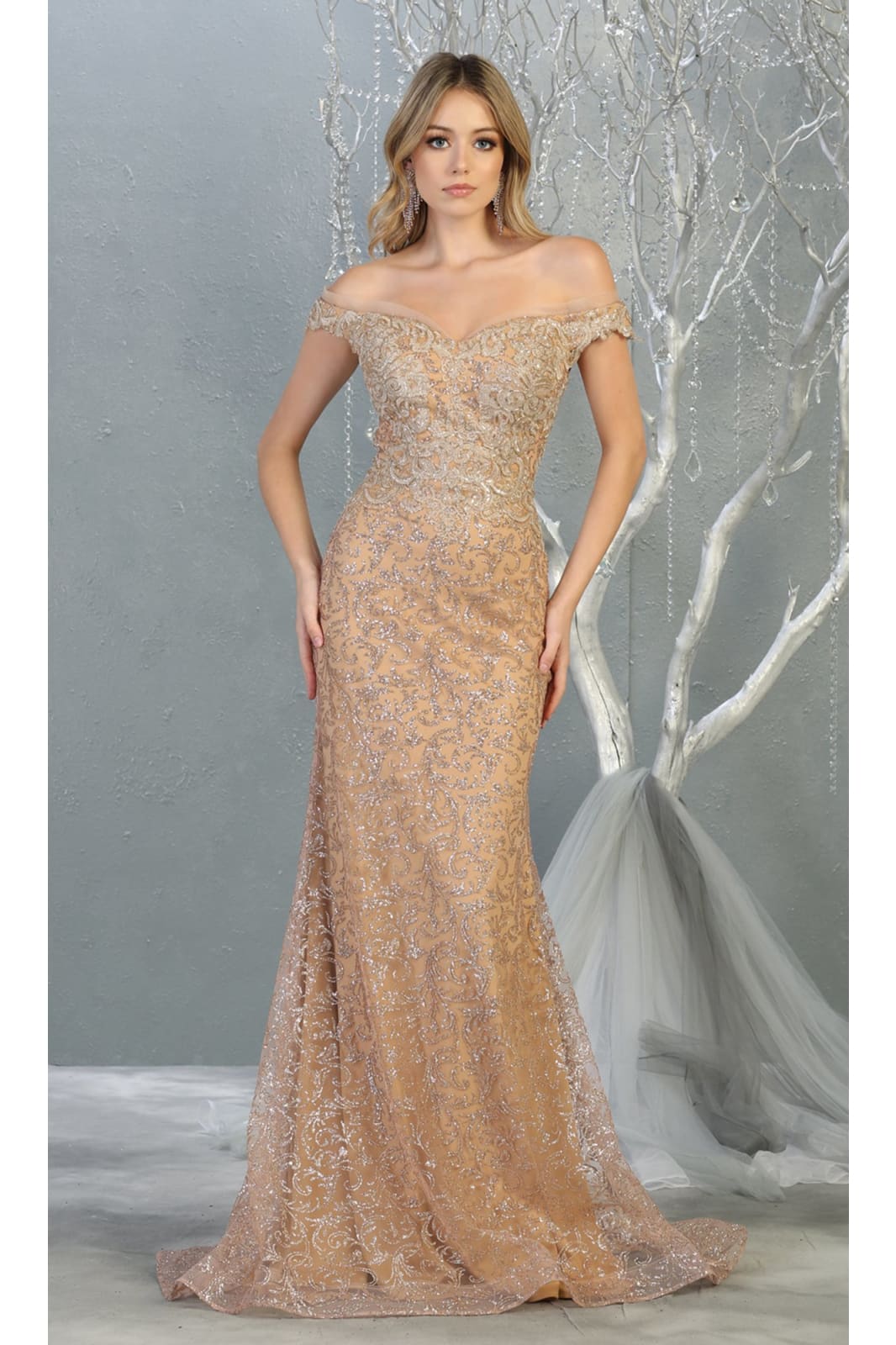 Off Shoulder Long Formal Gown - LA7879 - Champagne/Gold - Dress LA Merchandise