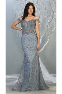 Off Shoulder Long Formal Gown - LA7879 - Dusty Blue - Dress LA Merchandise