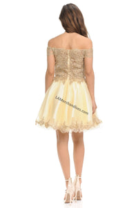 Off shoulders lace applique & rhinestone sassy short dress- 