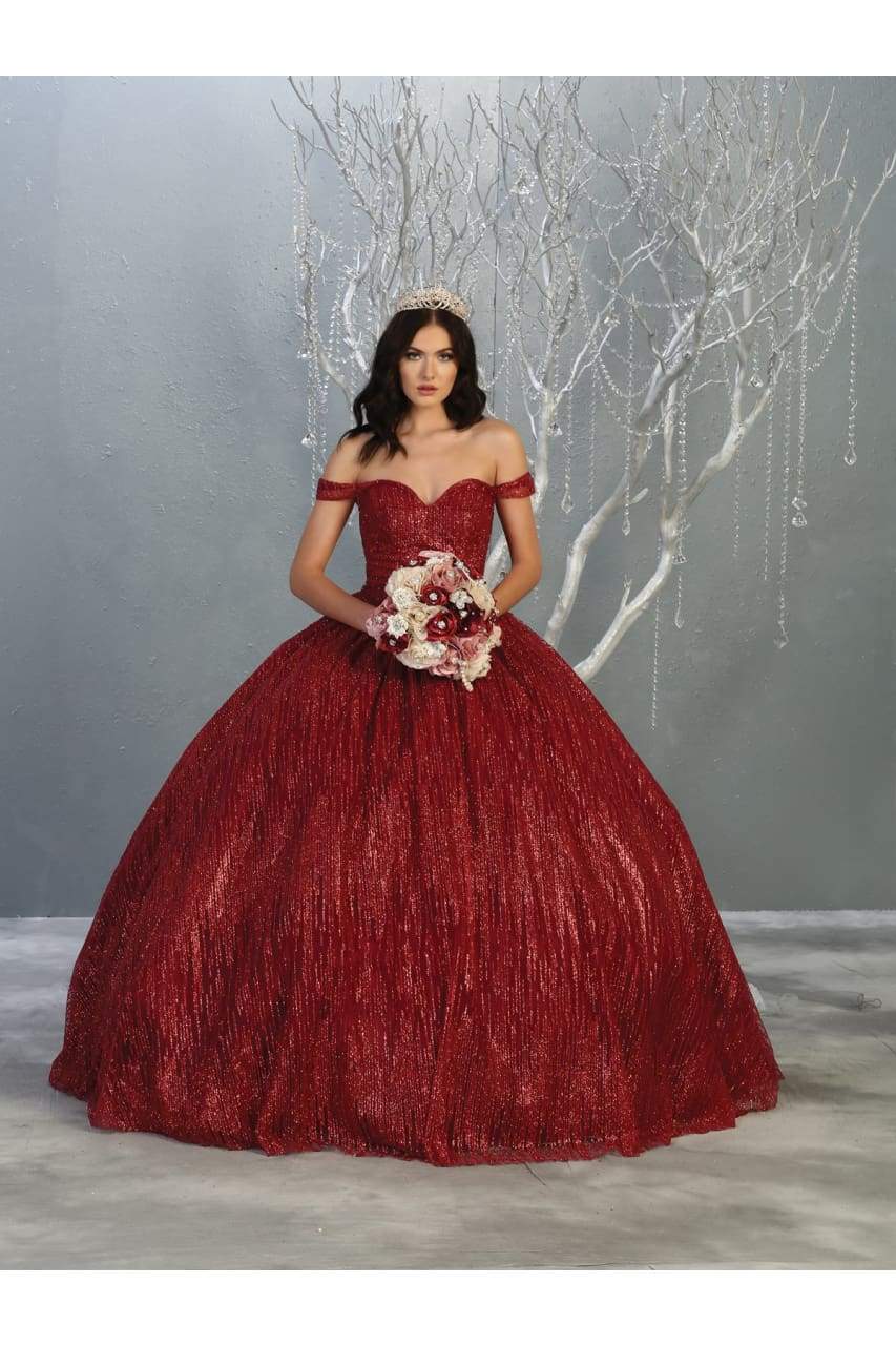 Off The Shoulder Glitter Ball Gown - BURGUNDY / 4