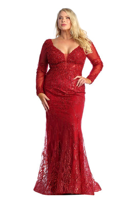 La Merchandise LA7937 Long Sleeve Plus Size Formal Evening MOB Dress - BURGUNDY - LA Merchandise
