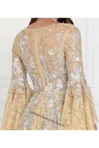 Quarter Sleeve Lace & Embroidery A-Line Long Dress- GL1592