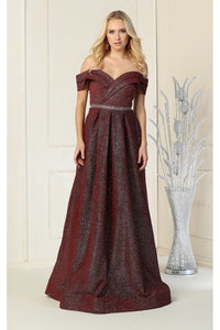 La Merchandise LA1868 Glitter Long Off Shoulder Formal Evening Dress - BURGUNDY - LA Merchandise
