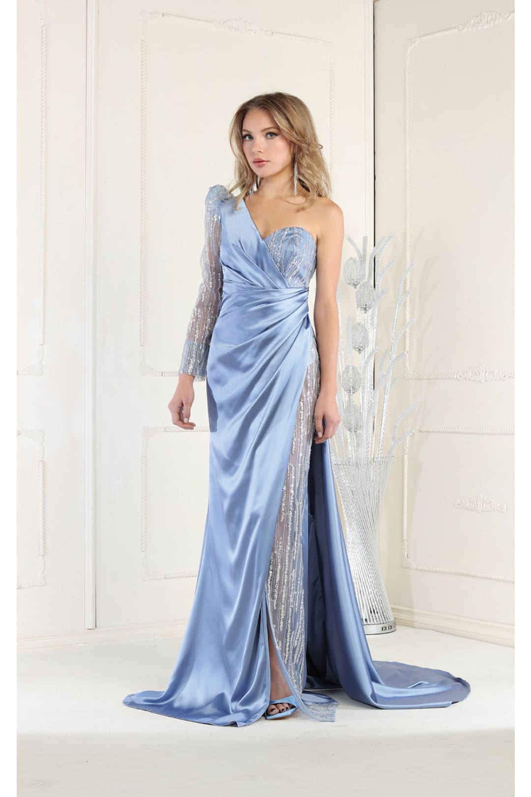 Royal Queen RQ7980 High Slit Embellished Evening Gown - DUSTY BLUE / 4 - Dress