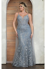 Load image into Gallery viewer, Royal Queen RQ8051 Illusion Plunging V-neck Floral Long Prom Dress - DUSTY BLUE / 4 - Dress