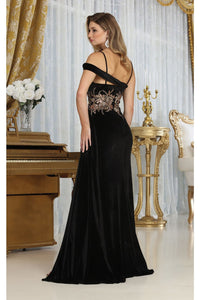 Royal Queen RQ8087 V-neck Spaghetti Straps Slit Velvet Prom Dress - Dress