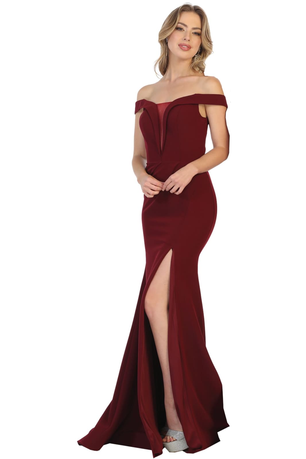 La Merchandise LA1748 Sexy Long Off the Shoulder Stretchy Prom Dress - BURGUNDY - LA Merchandise