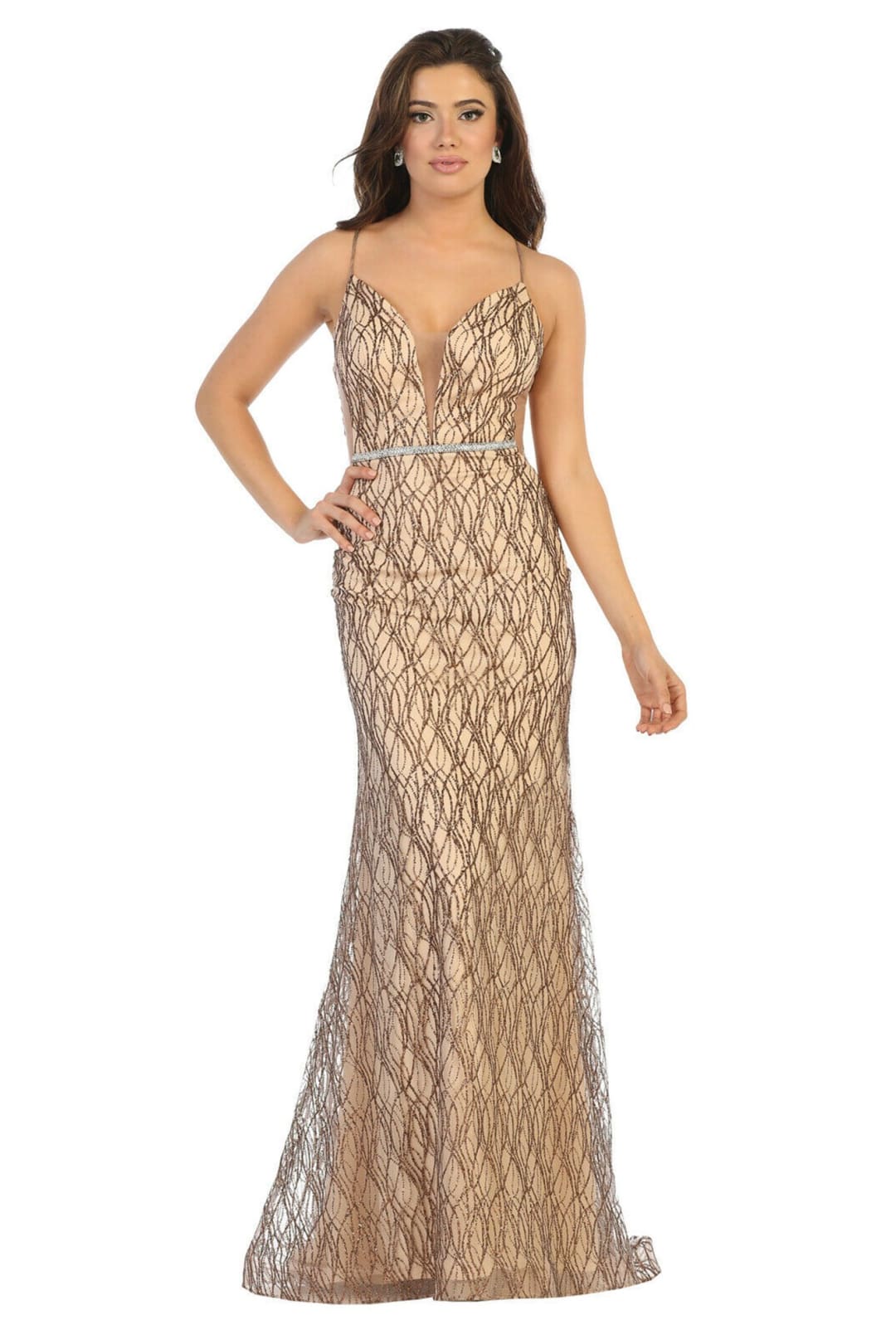 Spaghetti Straps sequins long mesh dress- LA1689